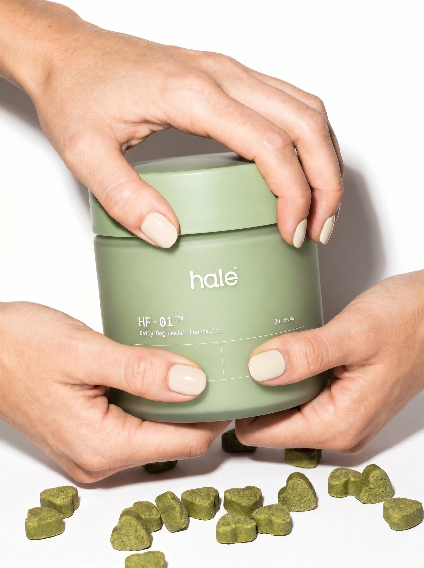 Close-up of HALE HF-01 jar with chews